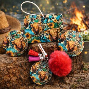 Highland Cow Sunflower Western Car Air Freshener Car Coaster Keychain Bundle Set
